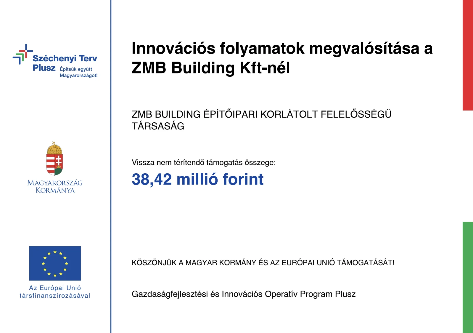 Széchenyi Terv Plusz – Innovációs folyamatok megvalósítása a ZMB Building Kft-nél – Vissza nem térítendő támogatás: 38,42 millió forint